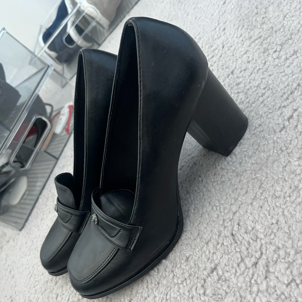 Anne Klein Black Chunky Loafer Heels | Classic Work Pumps